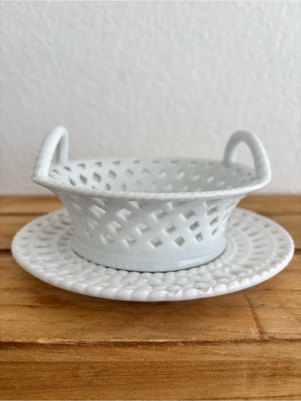 Vintage 2 Handle Lattice Reticulated Basket & White Barn Candle Co Plate Set